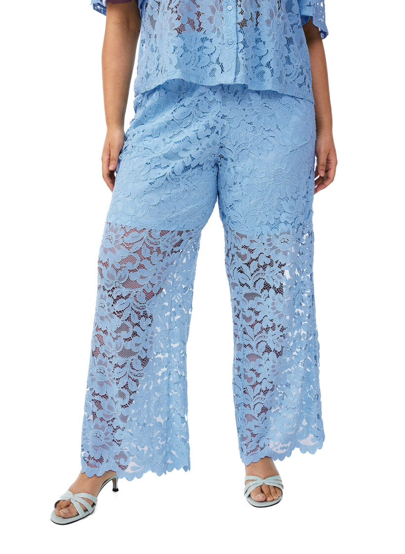 Hoog getailleerde kanten broek met rechte pijpen, Blauw, Model image number 2