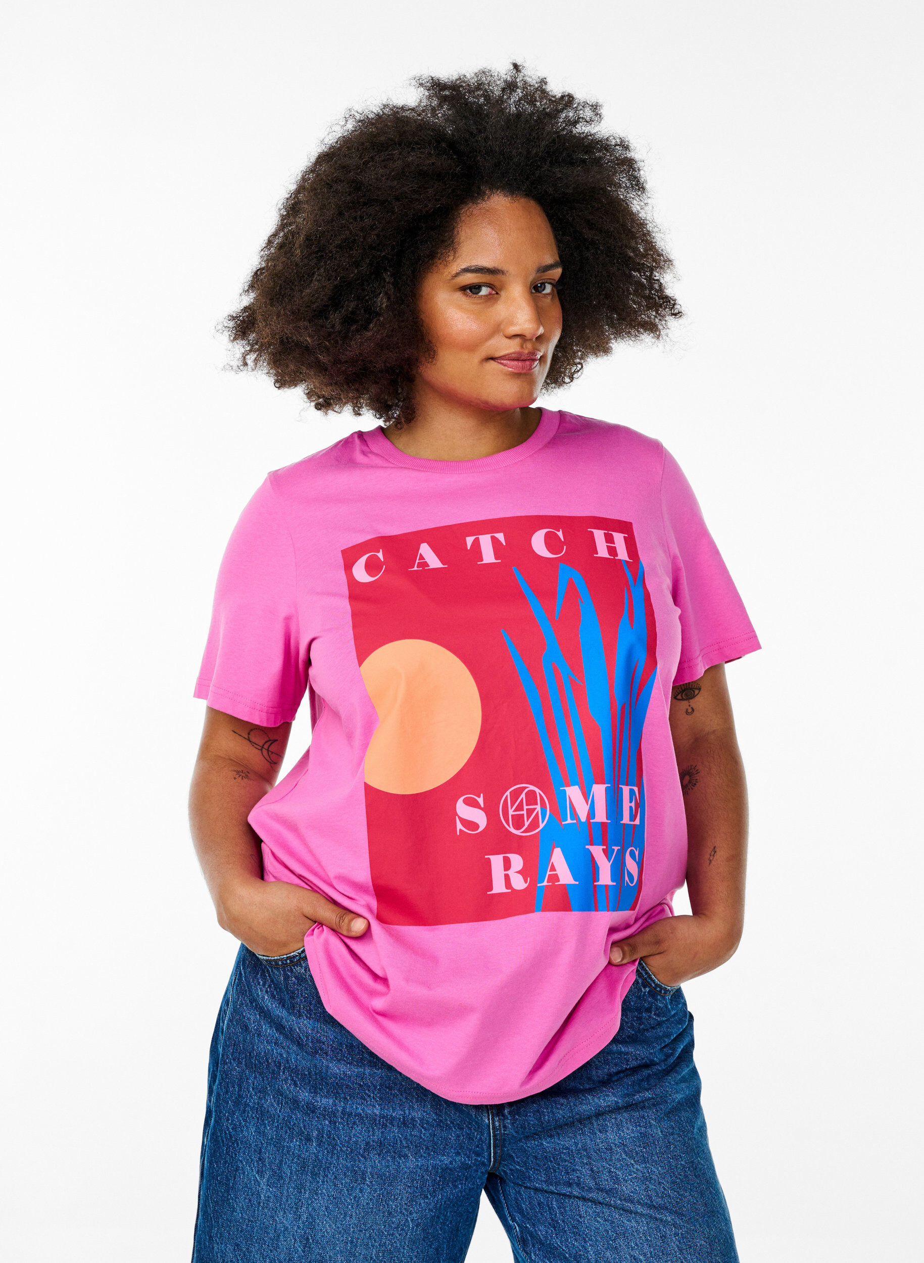 T-shirt met een grafisch zomermotief, Roze, Model