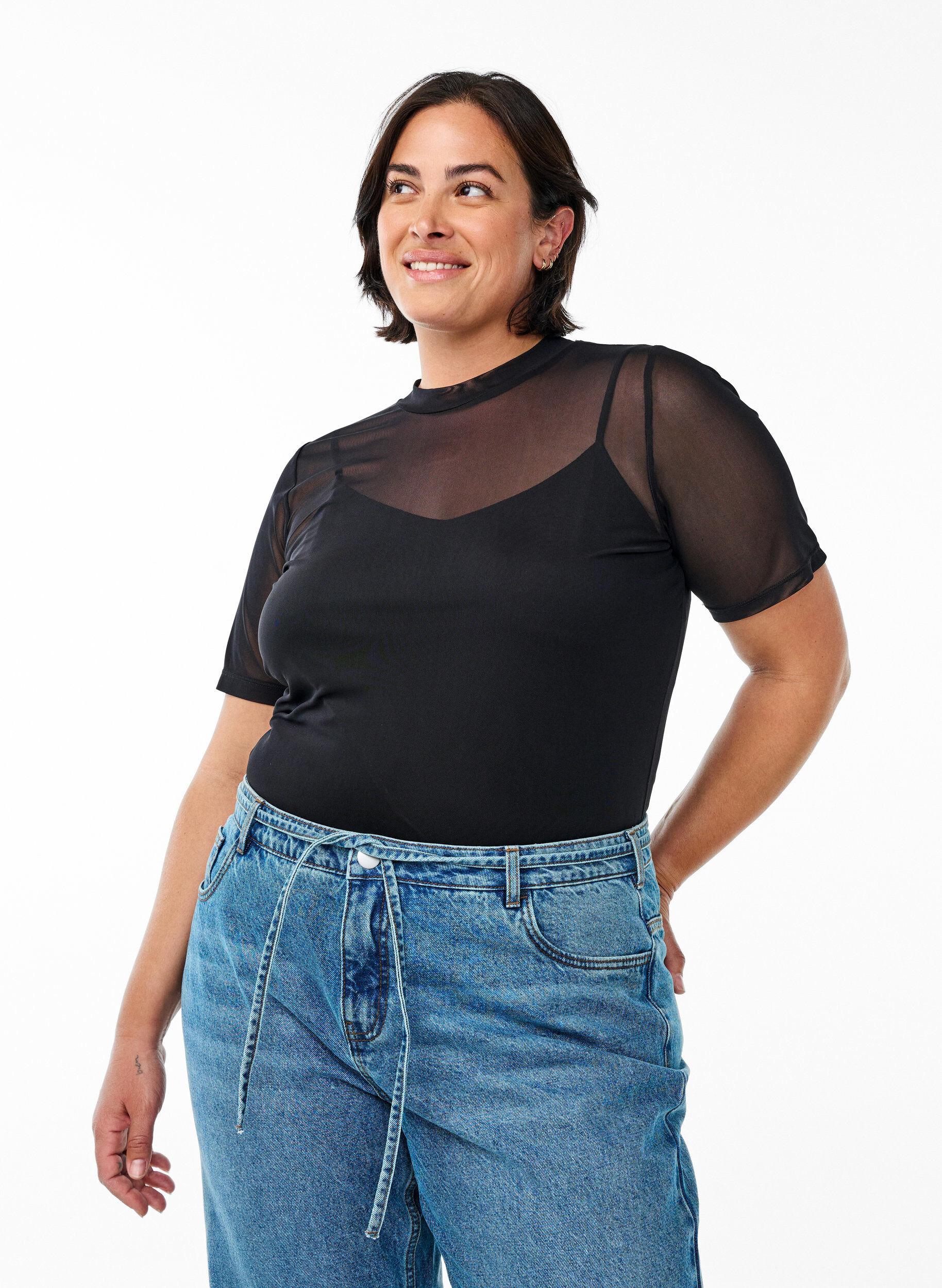Zizzi Mesh blouse met korte mouwen, Zwart, Model image number 0