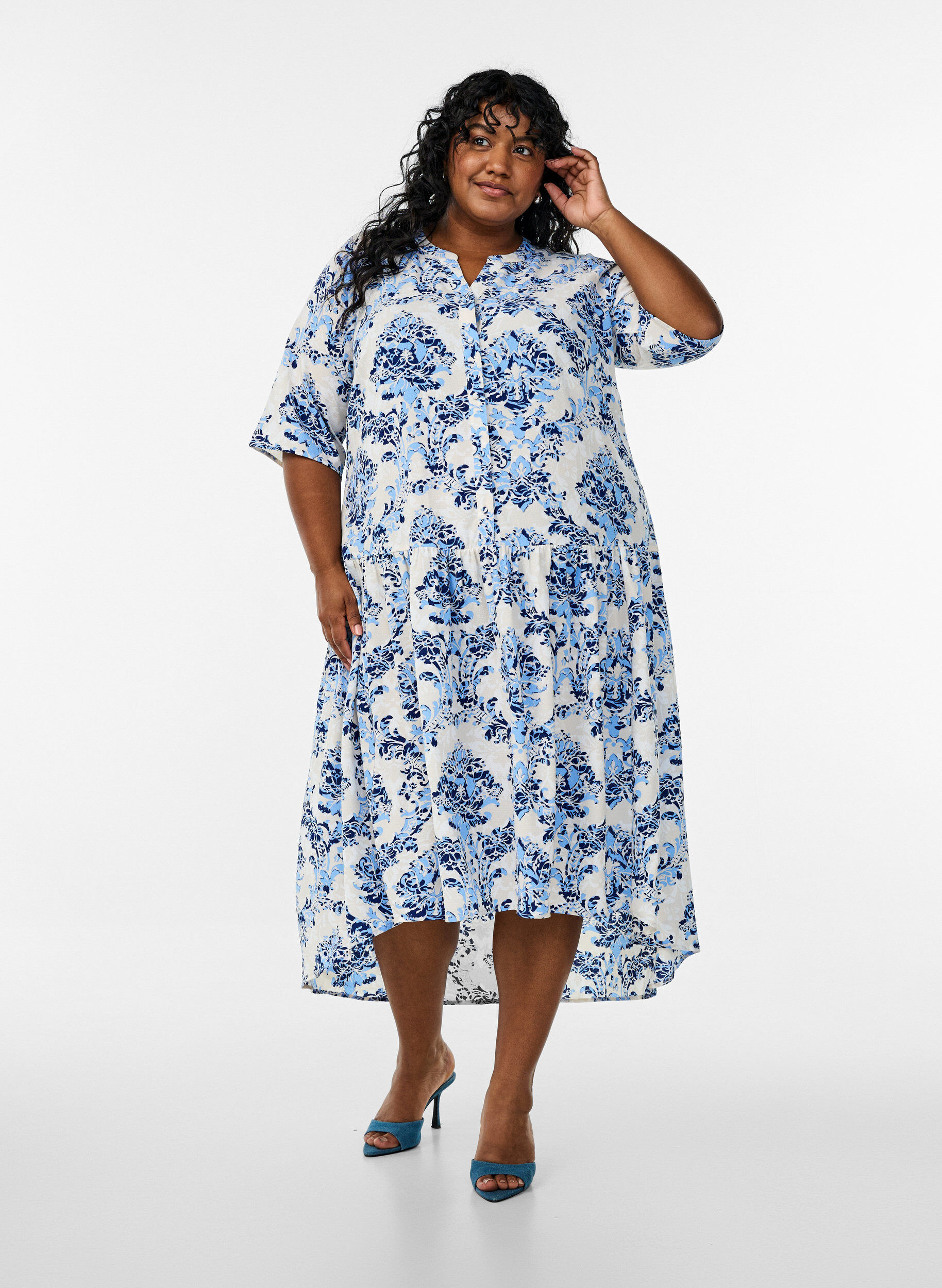 Zizzi A-lijn midi-jurk met korte mouwen, Beige, Model image number 1