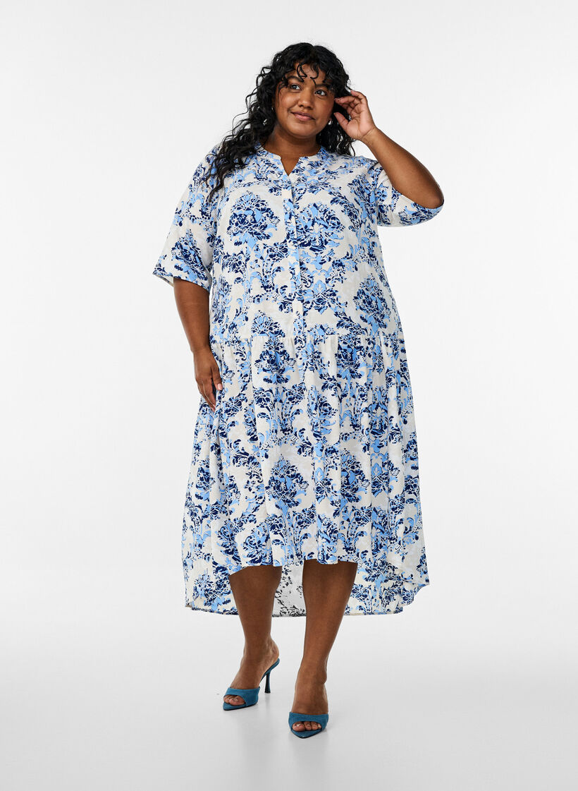 A-lijn midi-jurk met korte mouwen, Beige, Model image number 1