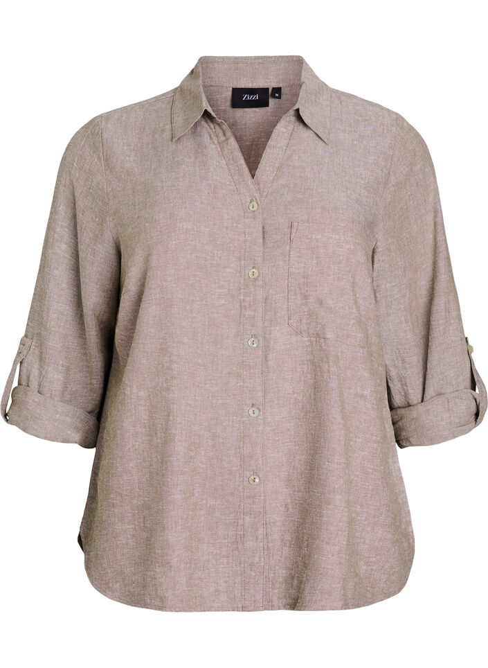 Linnen en viscose shirt met 3/4 mouwen, Bruin, Packshot image number 0