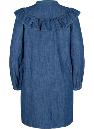 Denim jurk met imitatie knopen en ruches, Dark blue denim, Packshot image number 1