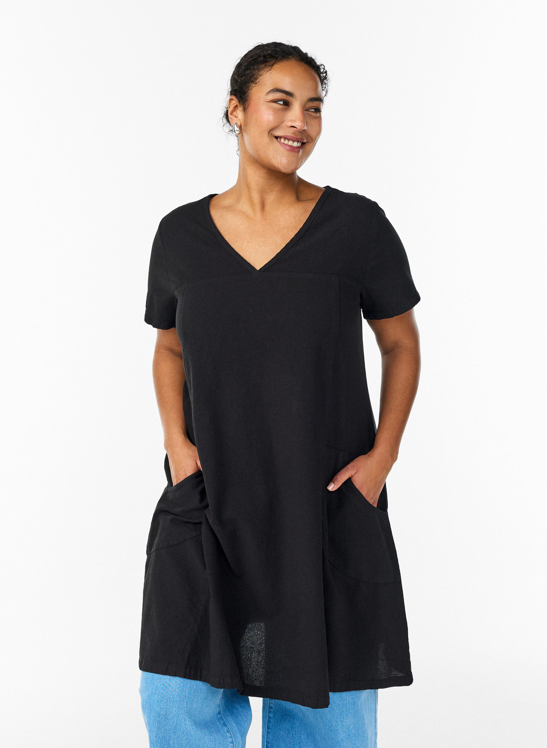 ZizziKatoenen jurk met korte mouwen, Zwart, Model image number 0