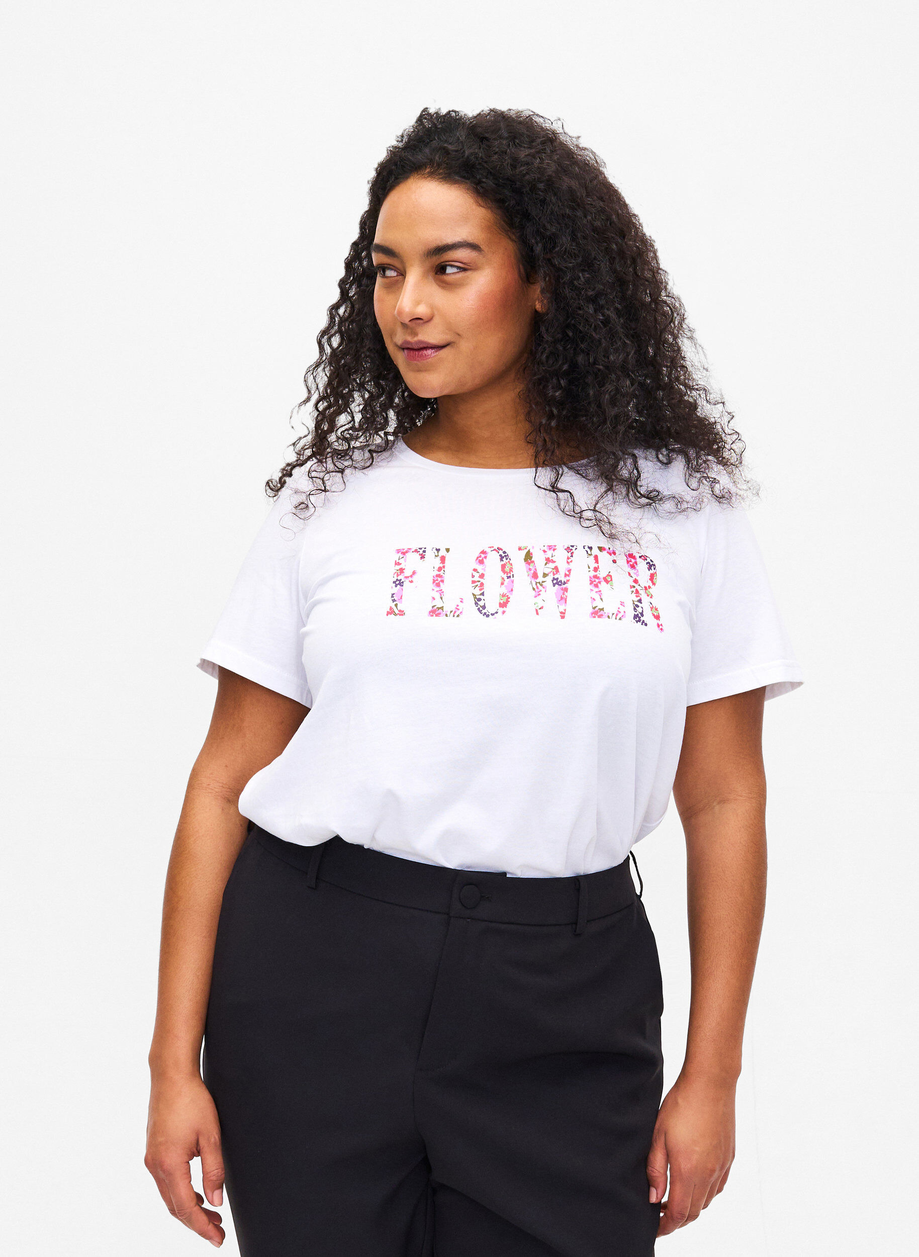 Zizzi Katoenen T-shirt met tekstopdruk, B. White w. Flower, Model image number 0