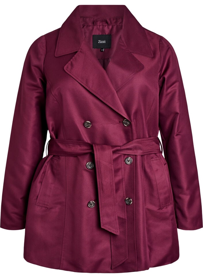 Korte trenchcoat met riem, Donker Bordeaux, Packshot image number 0