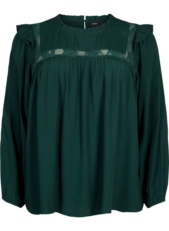 Viscose blouse met ruches en kant, Scarab, Packshot image number 0