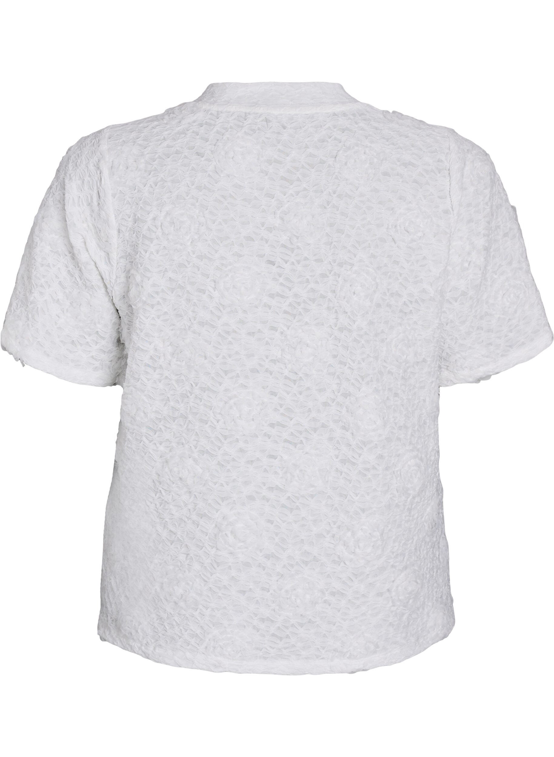 Zizzi Blouse met 3D-bloemen en korte mouwen, Wit, Packshot image number 1