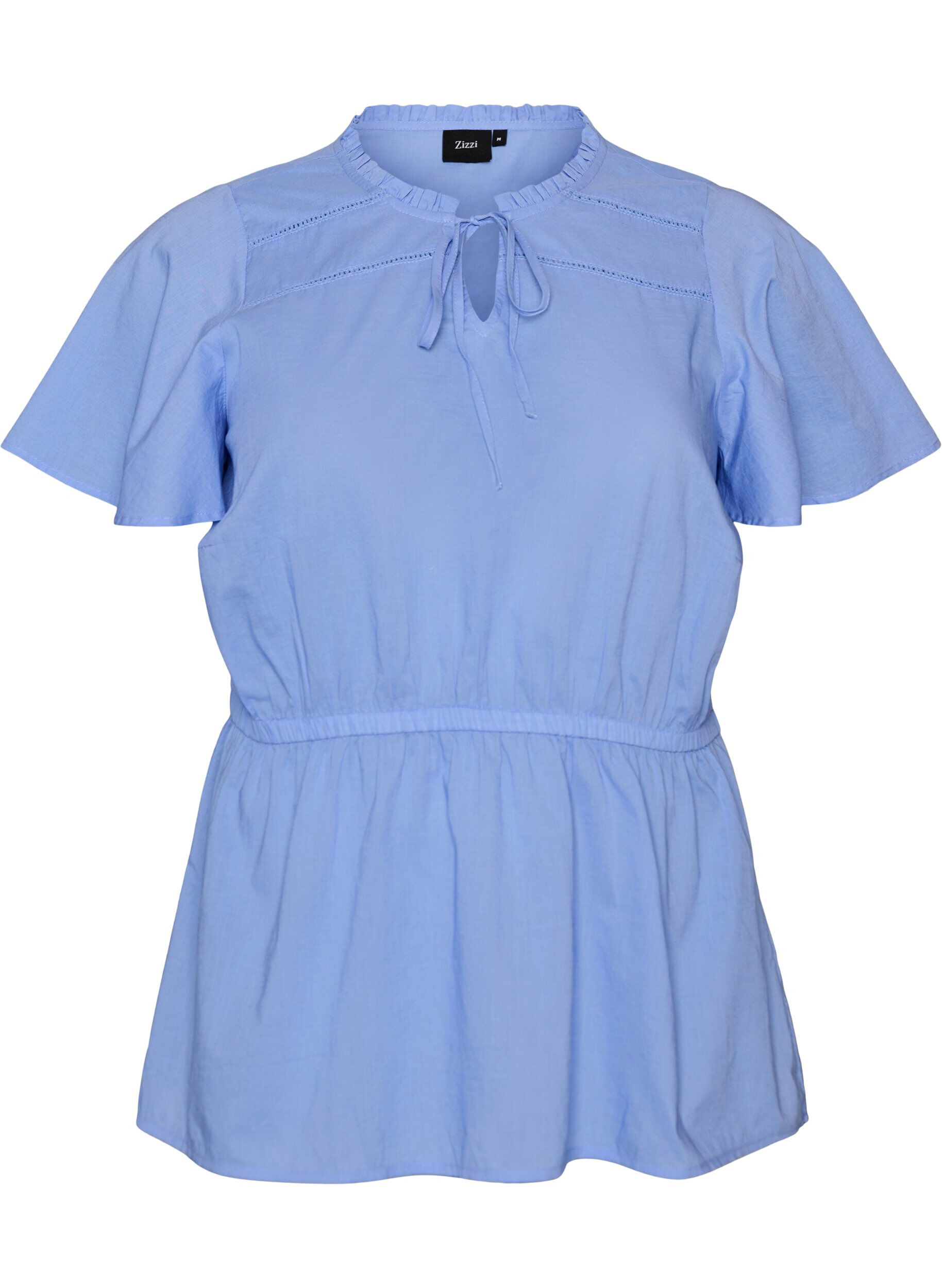 ZizziKatoenen blouse met strik en elastische taille, Blauw, Packshot image number 0