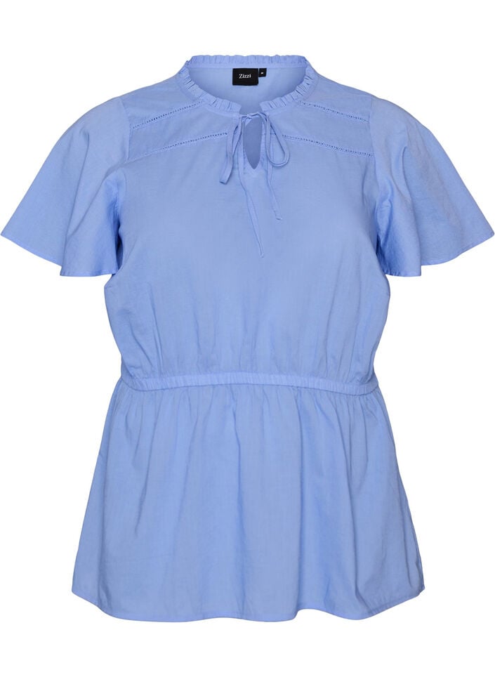 Katoenen blouse met strik en elastische taille, Blauw, Packshot image number 0