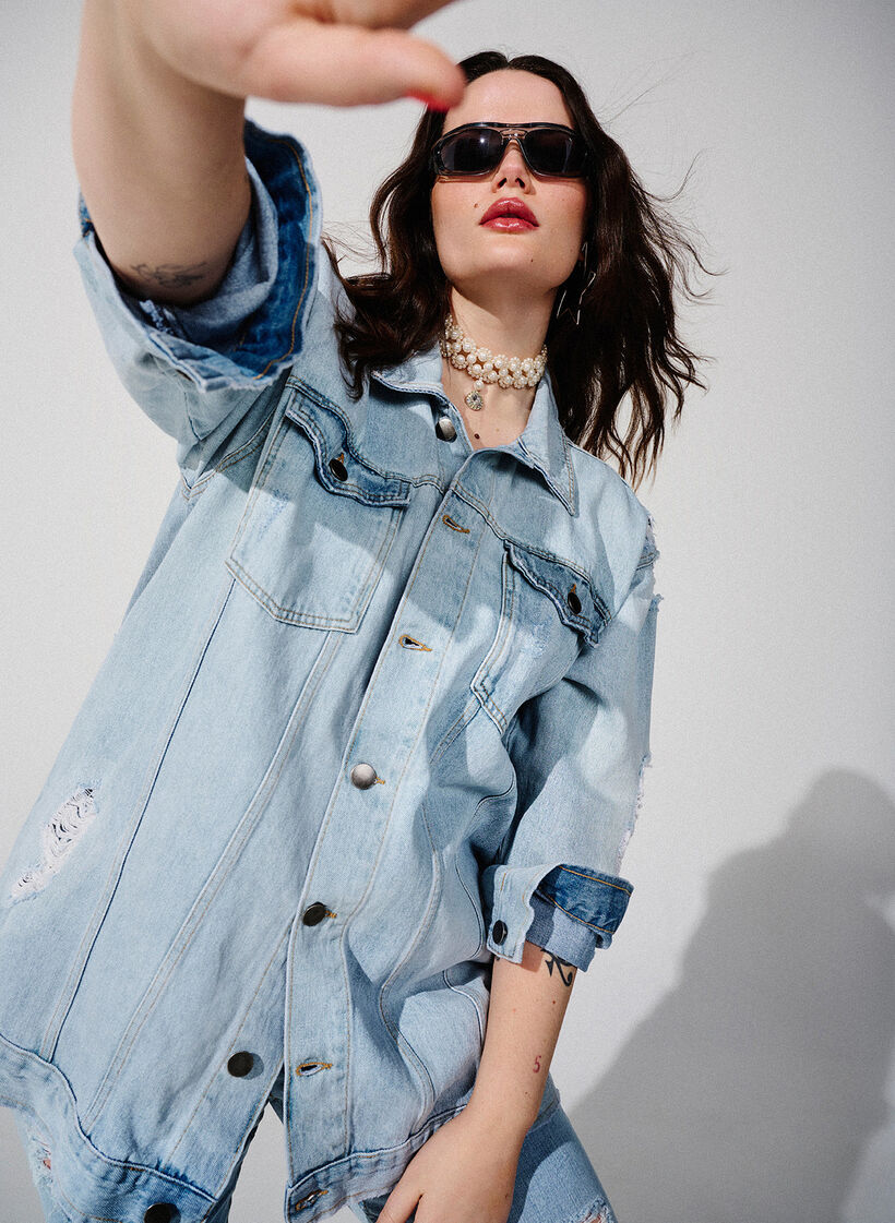 Loszittend denim jack met slijtagedetails, Light blue denim, Image image number 0