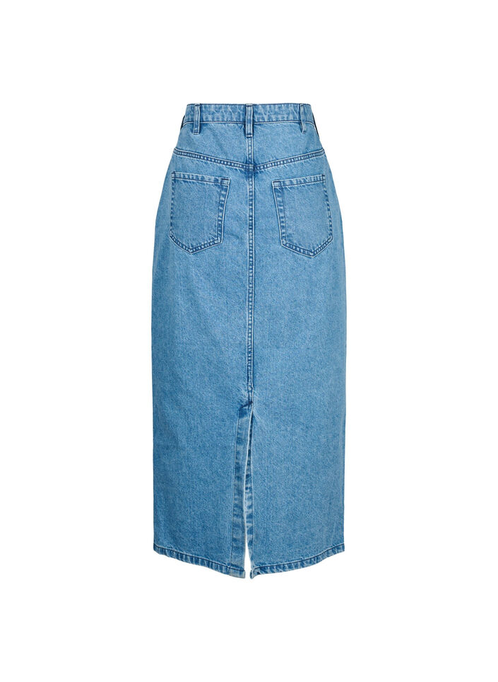 Halflange denim rok met split aan de achterkant, Denim Blue, Packshot image number 1
