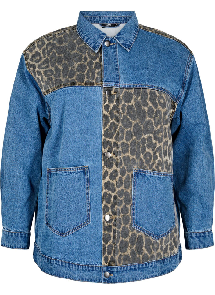 Denim shirt met luipaardprint details, Blauw, Packshot image number 0