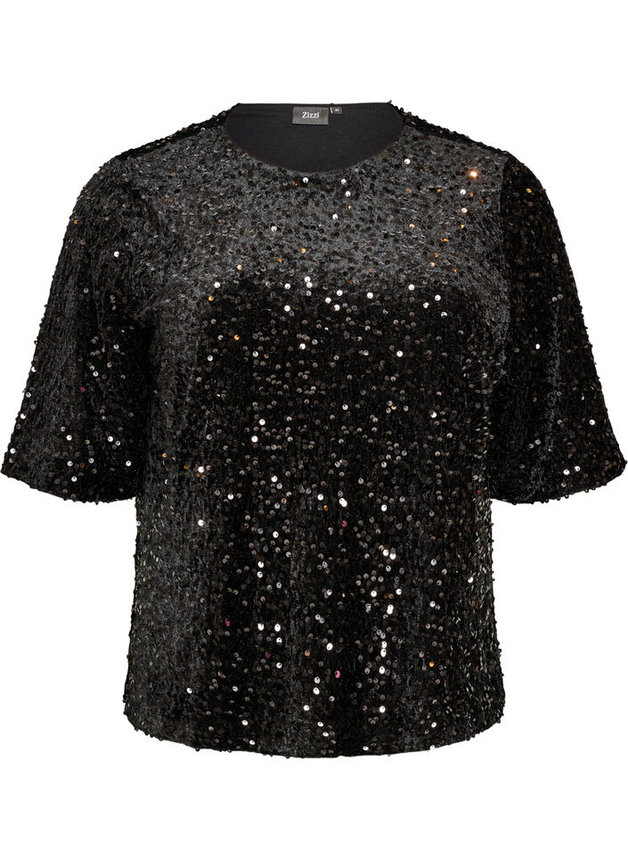 Paillettenblouse met mouwen tot de elleboog, Zwart, Packshot image number 0