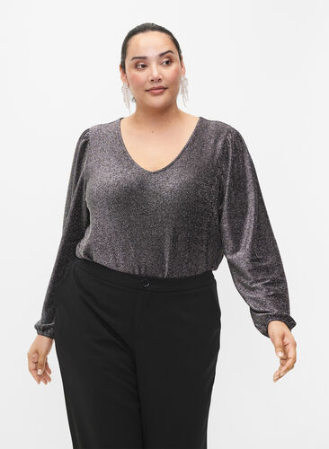 Glitter blouse met pofmouwen, Black Silver, Model image number 0