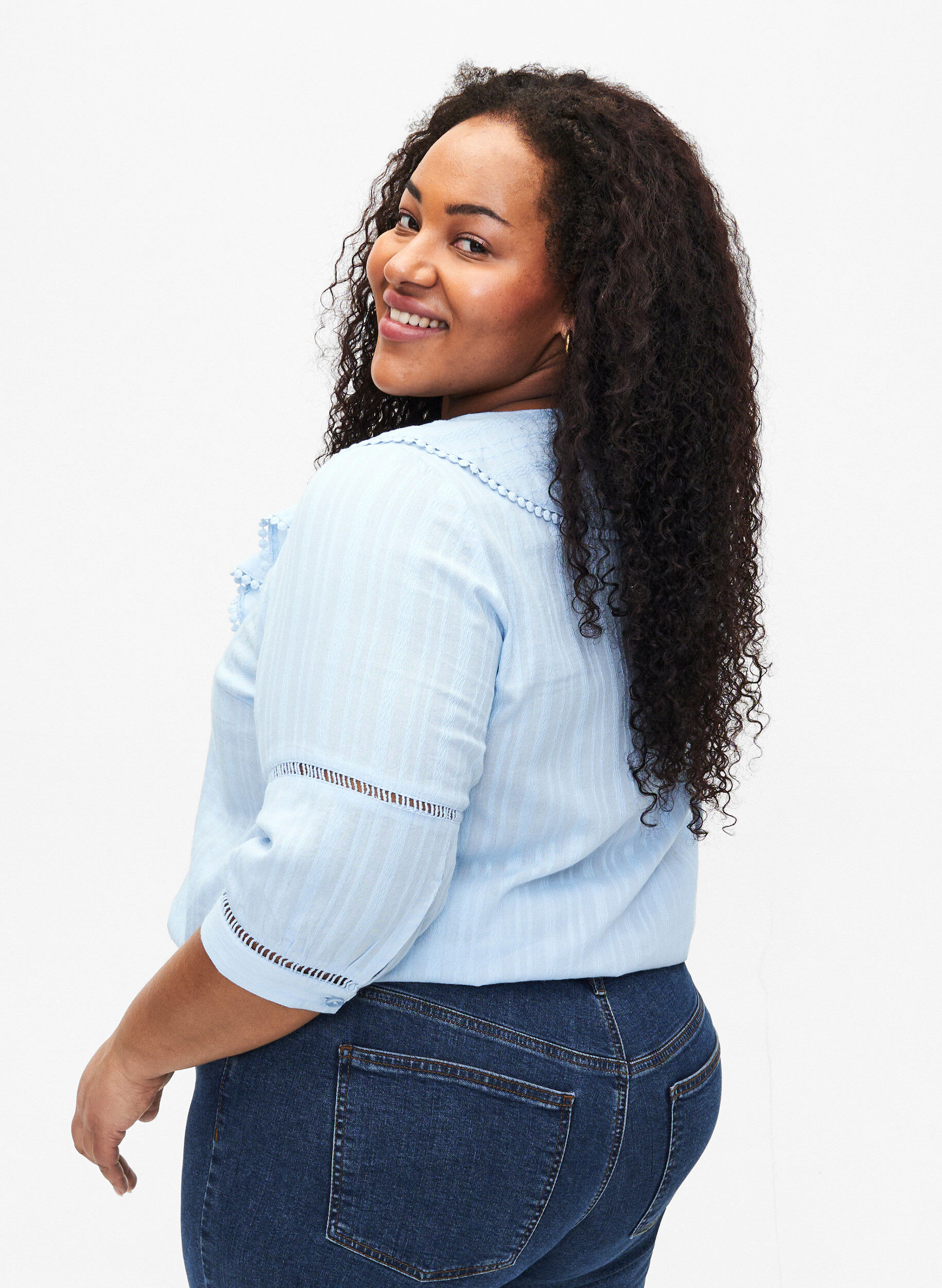 Zizzi Blouse met 3/4 mouwen en kant, Chambray Blue, Model image number 1