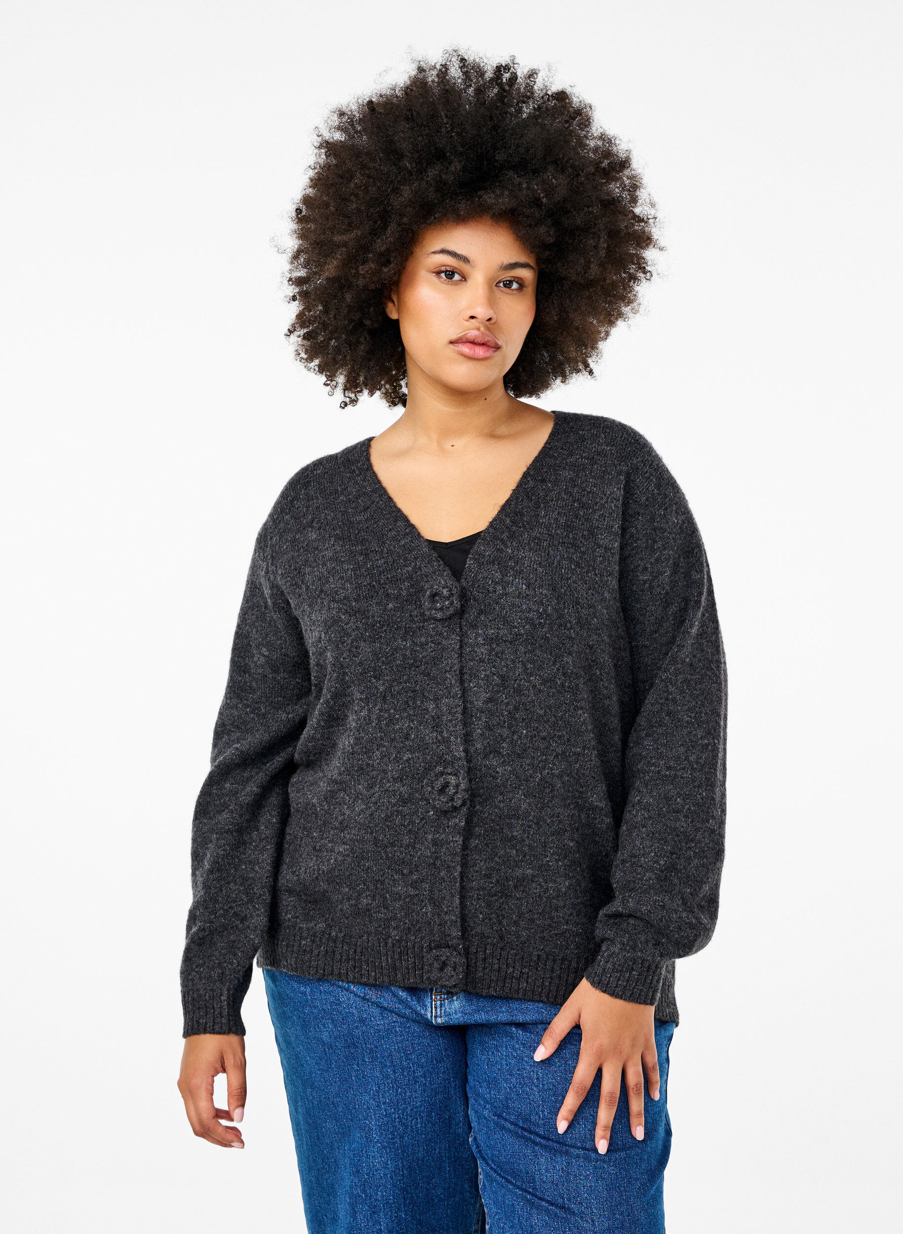 Zizzi Kort gebreid vest met bloemknopen, Dark Grey Melange, Model image number 0
