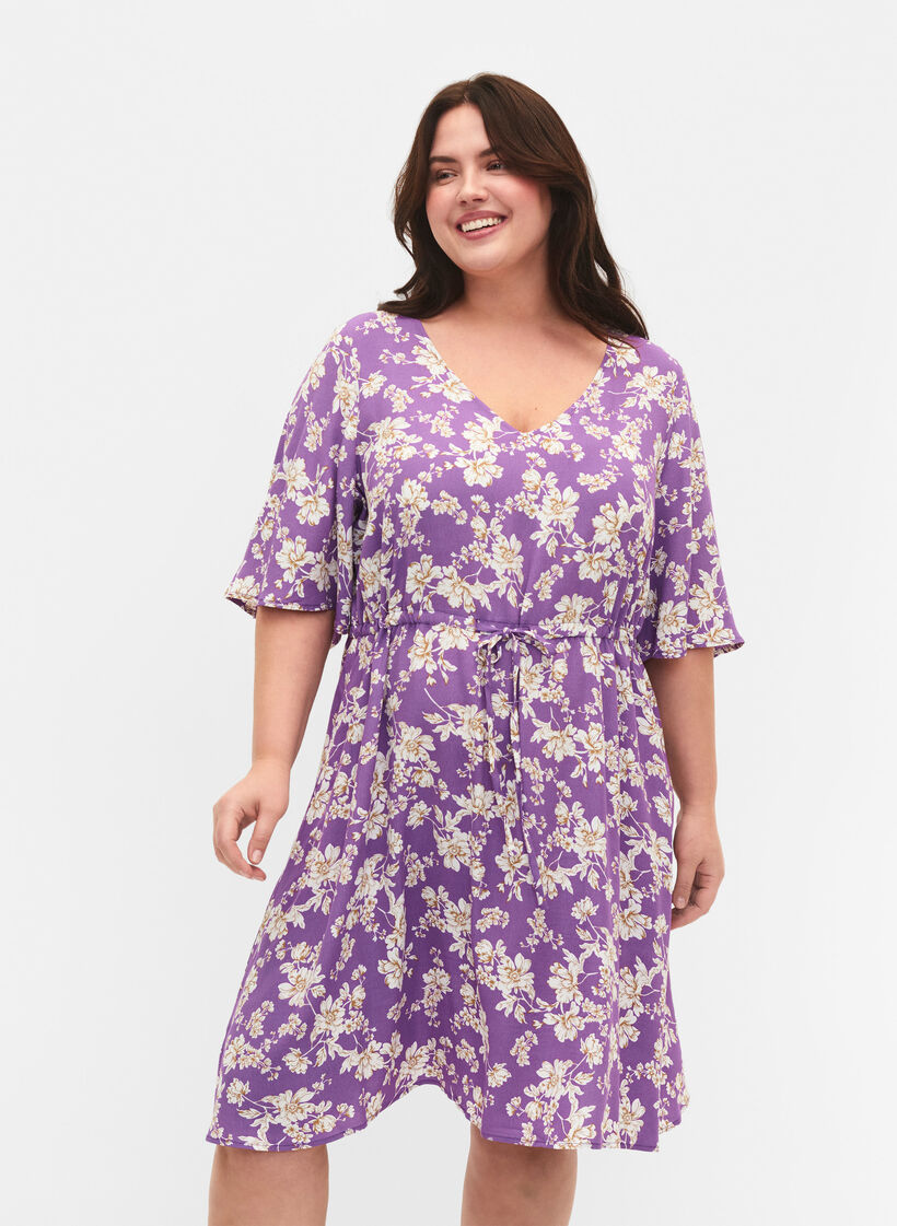 Jurk met 1/2 mouw met bloemenprint in viscose, Purple Flower AOP, Model image number 0