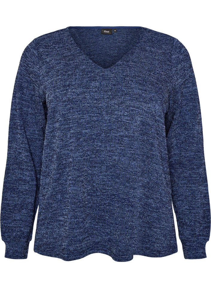 Jersey blouse met V-hals en lange mouwen, Blauw, Packshot image number 0