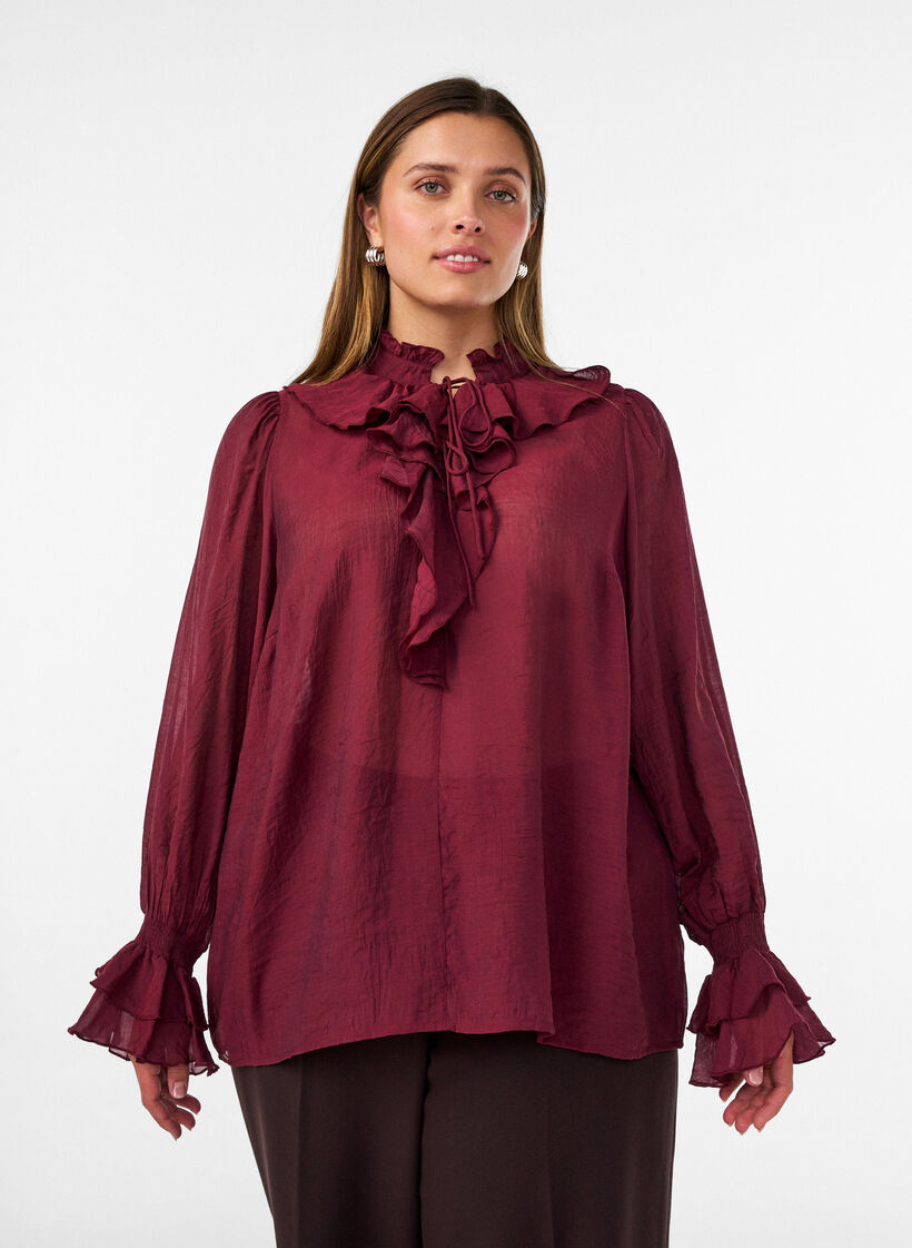 Viscose blouse met ruches en lange mouwen, Rood, Model image number 0