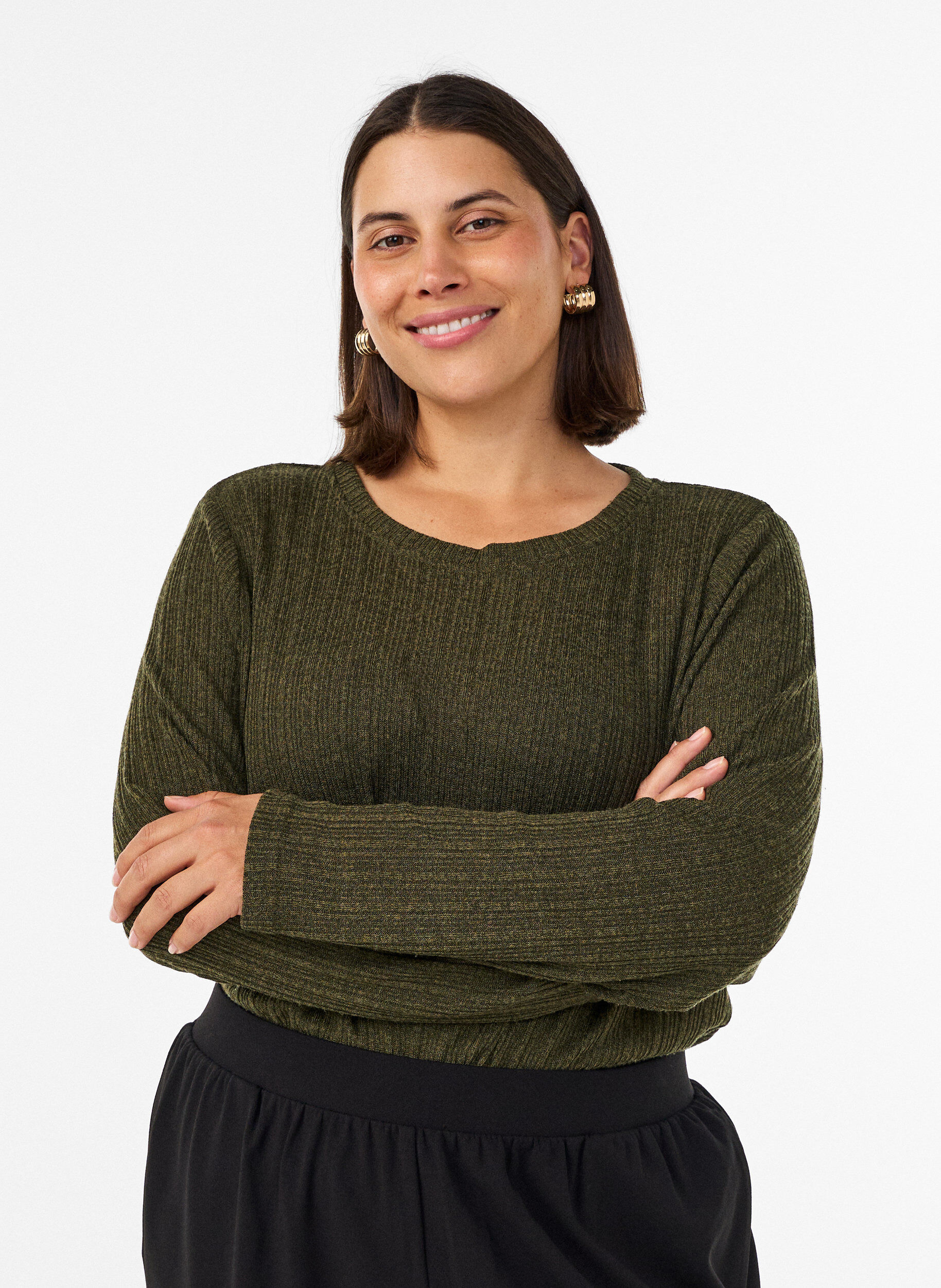 ZizziJersey blouse met geribde structuur en lange mouwen, Groen, Model image number 0
