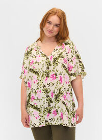 Viscose blouse met korte mouwen, Green Pink AOP, Model