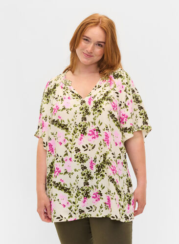 Viscose blouse met korte mouwen, Green Pink AOP, Model image number 0