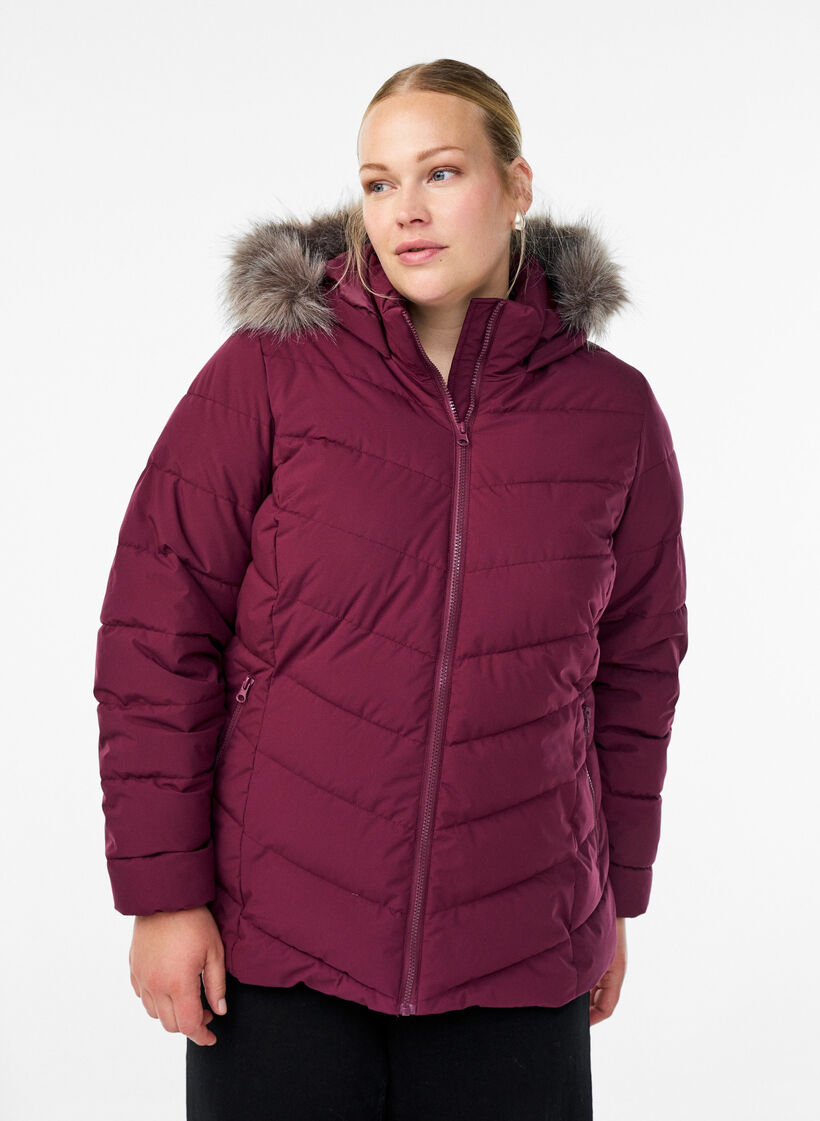 Kort pufferjack met capuchon, Donker Bordeaux, Model image number 0