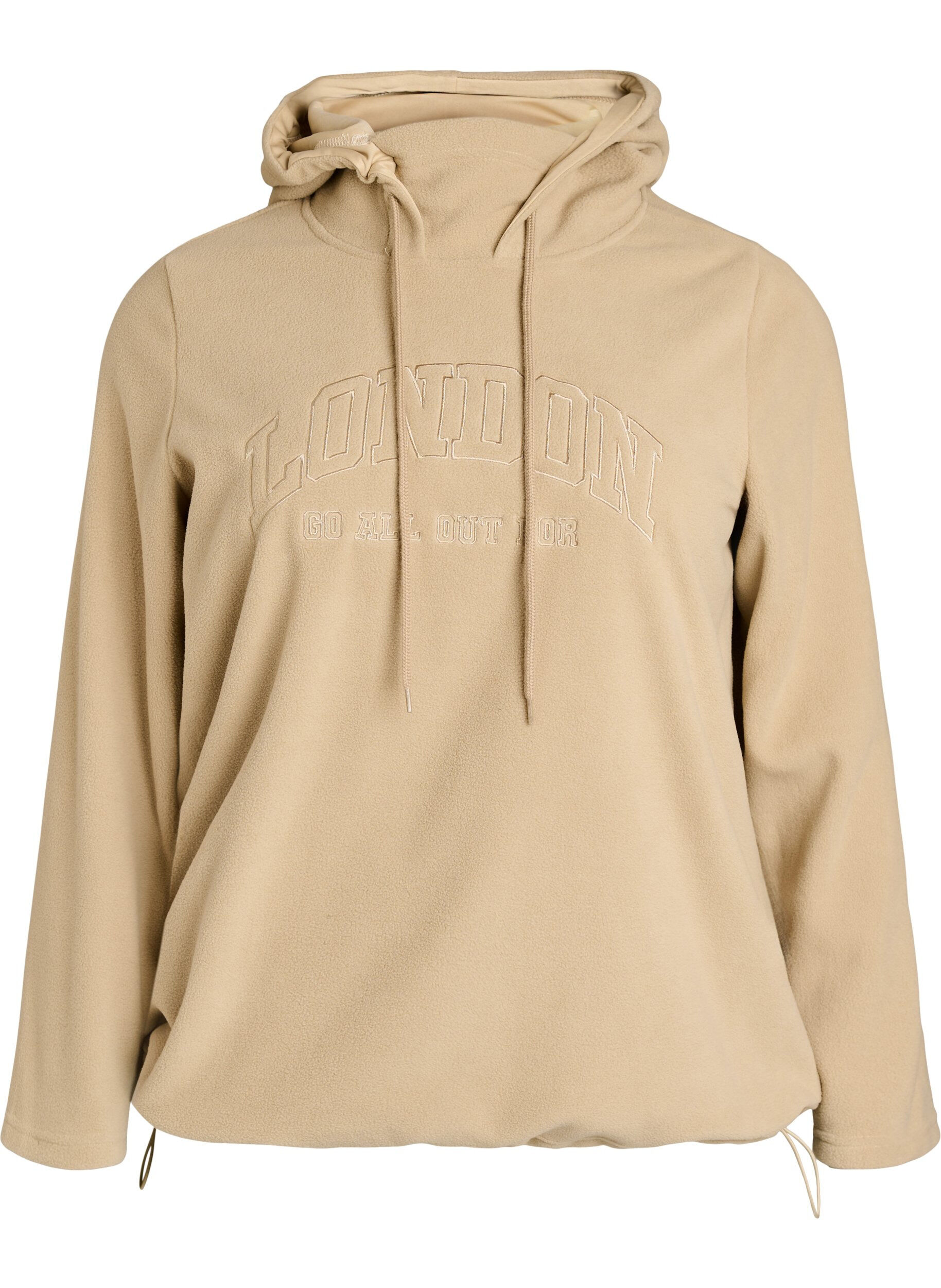ZizziFleece hoodie met een hoge nek en geborduurde tekst, Beige, Packshot image number 0