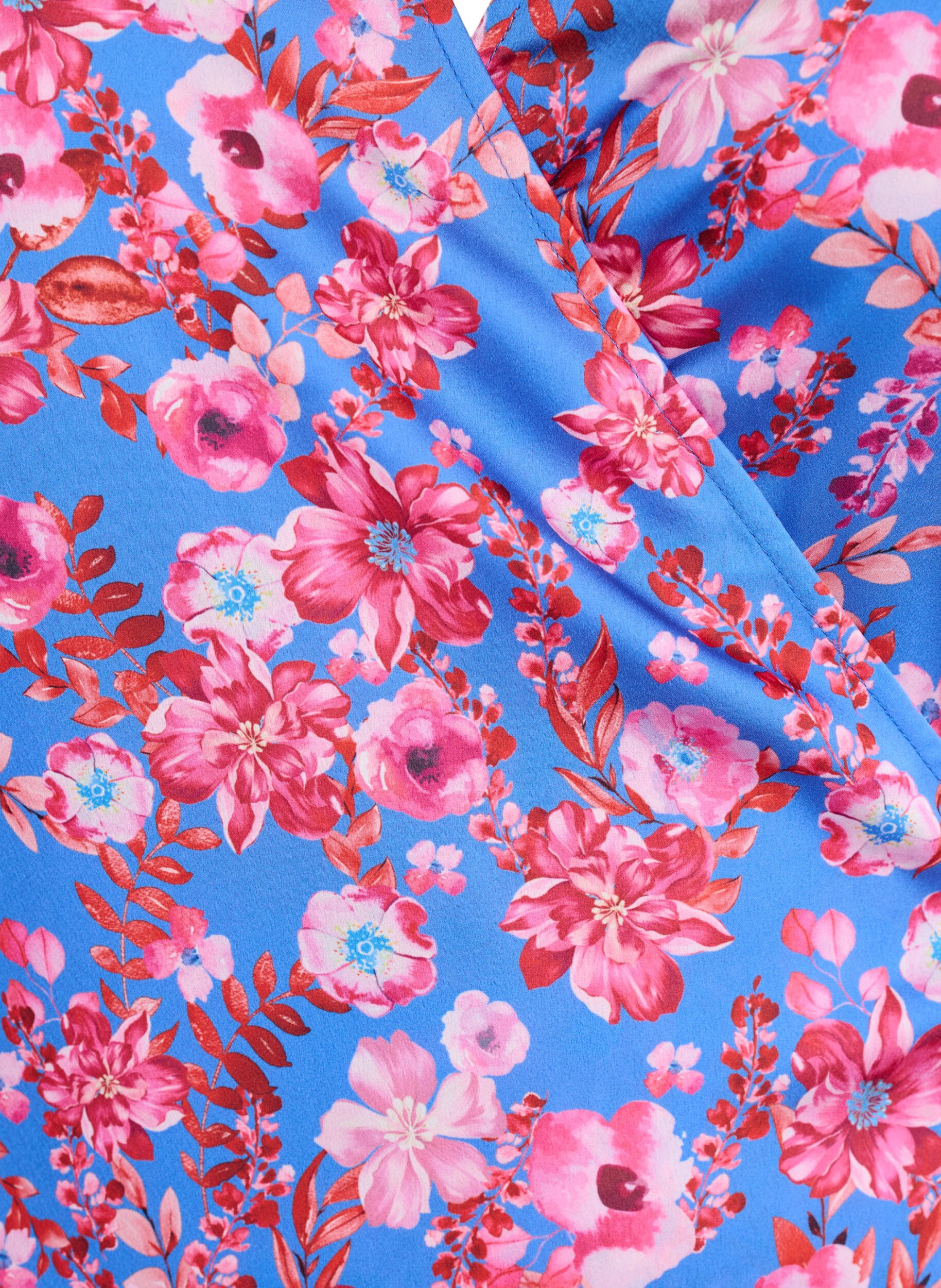 Zizzi Omslagjurk met bloemenprint met 3/4 mouwen, Blauw, Packshot image number 2