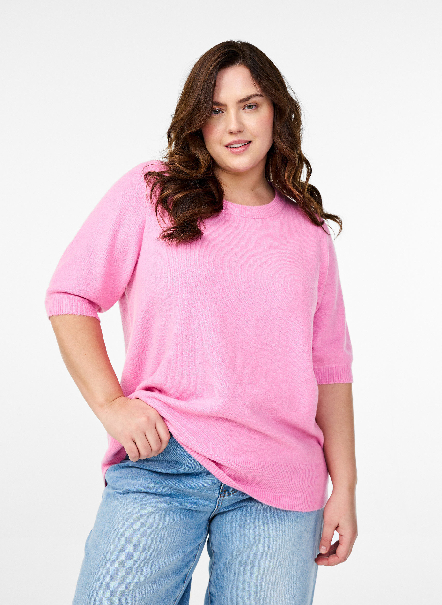 Zizzi Gebreide blouse met korte mouwen, Roze, Model image number 0