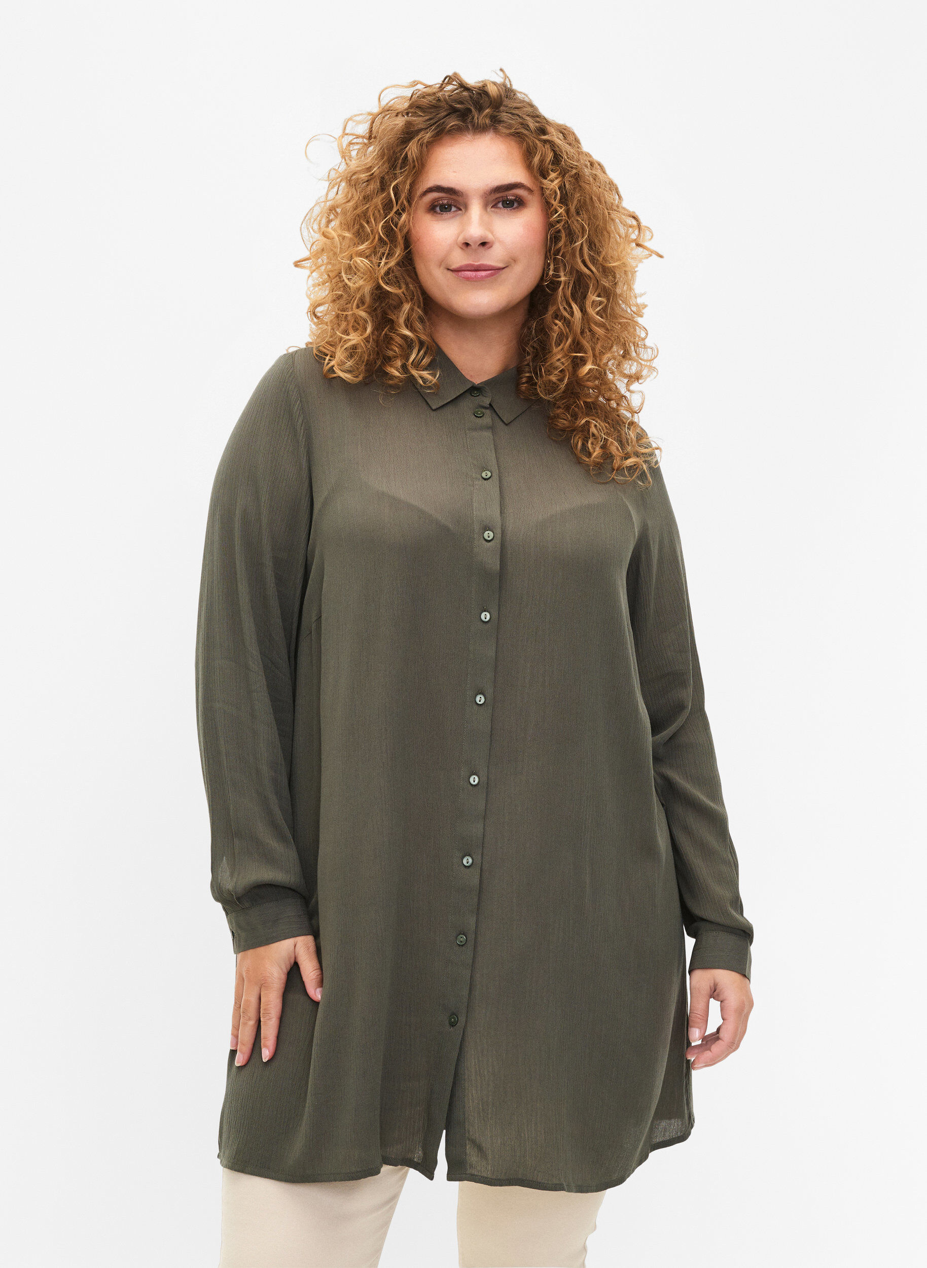 Zizzi Lang viscose overhemd met lange mouwen, Groen, Model image number 0