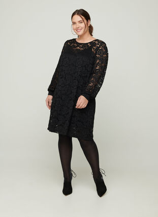 Kanten jurk met ronde hals en lange mouwen, Black, Model image number 2