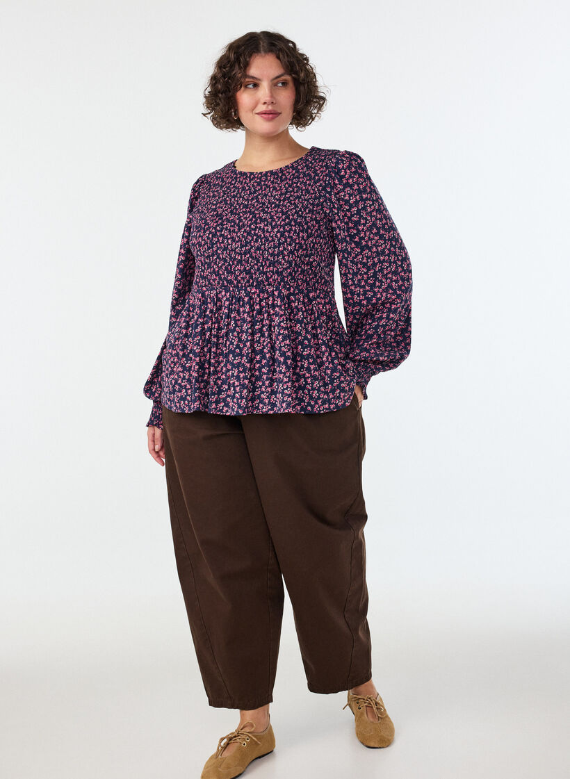 Blouse met gesmokte top en bloemenprint, Blauw, Model image number 0