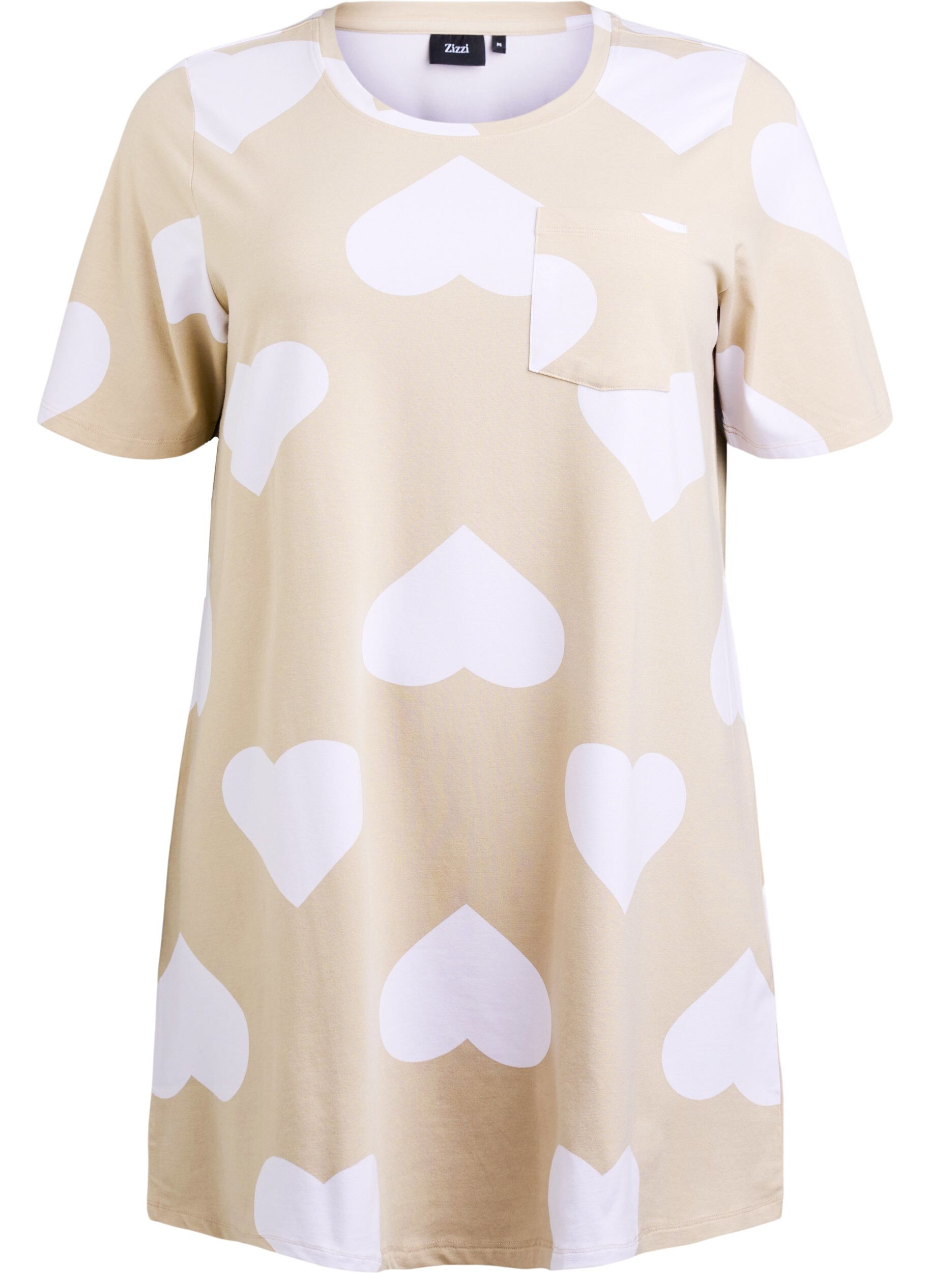 Zizzi Lange nacht T-shirt in een modalmix met hartjes, Beige, Packshot image number 0