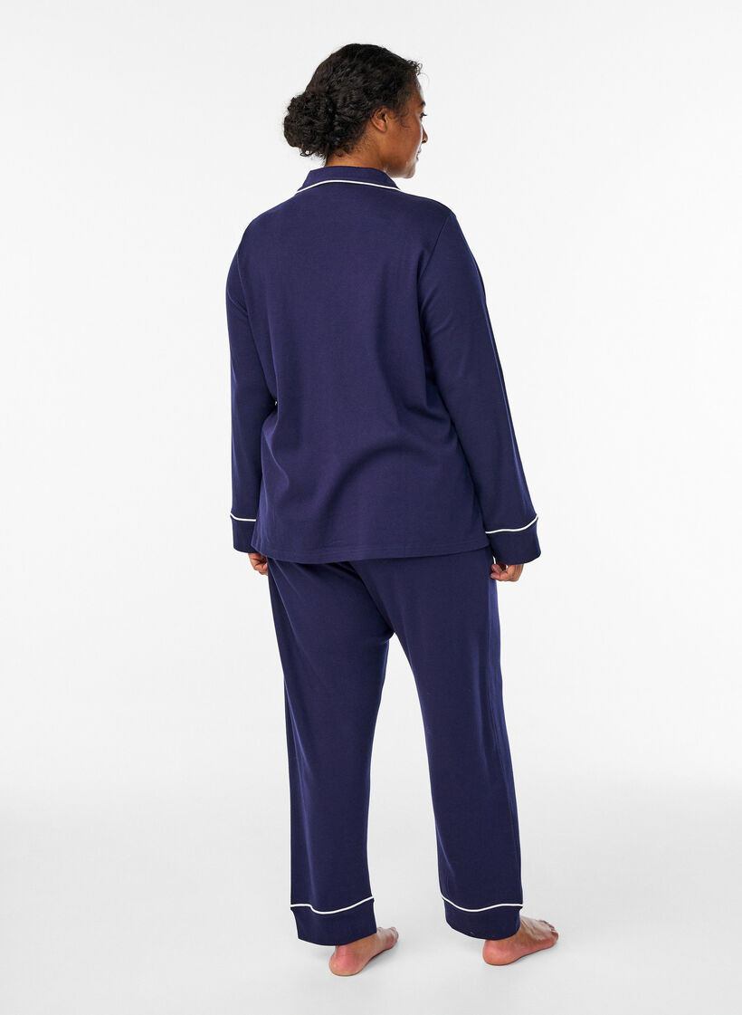 Katoenen pyjamabroek met hoge taille, Blauw, Model image number 1