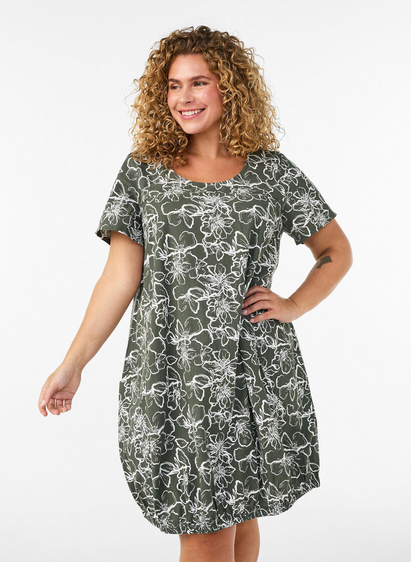 Katoenen jurk met korte mouwen en print, Groen, Model image number 0