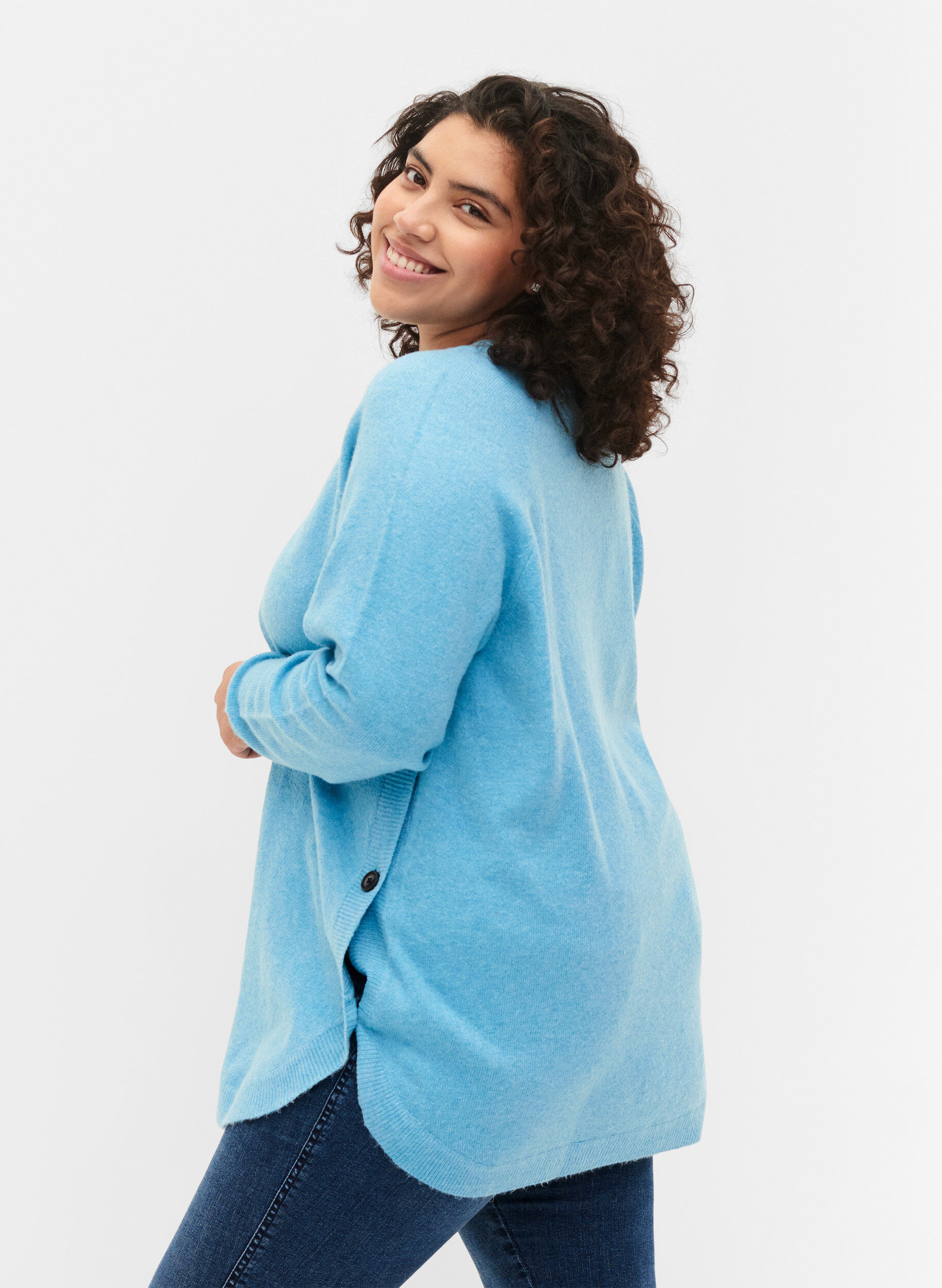 Zizzi Gem&ecirc;leerde gebreide blouse met knopen, River Blue WhiteMel., Model image number 1