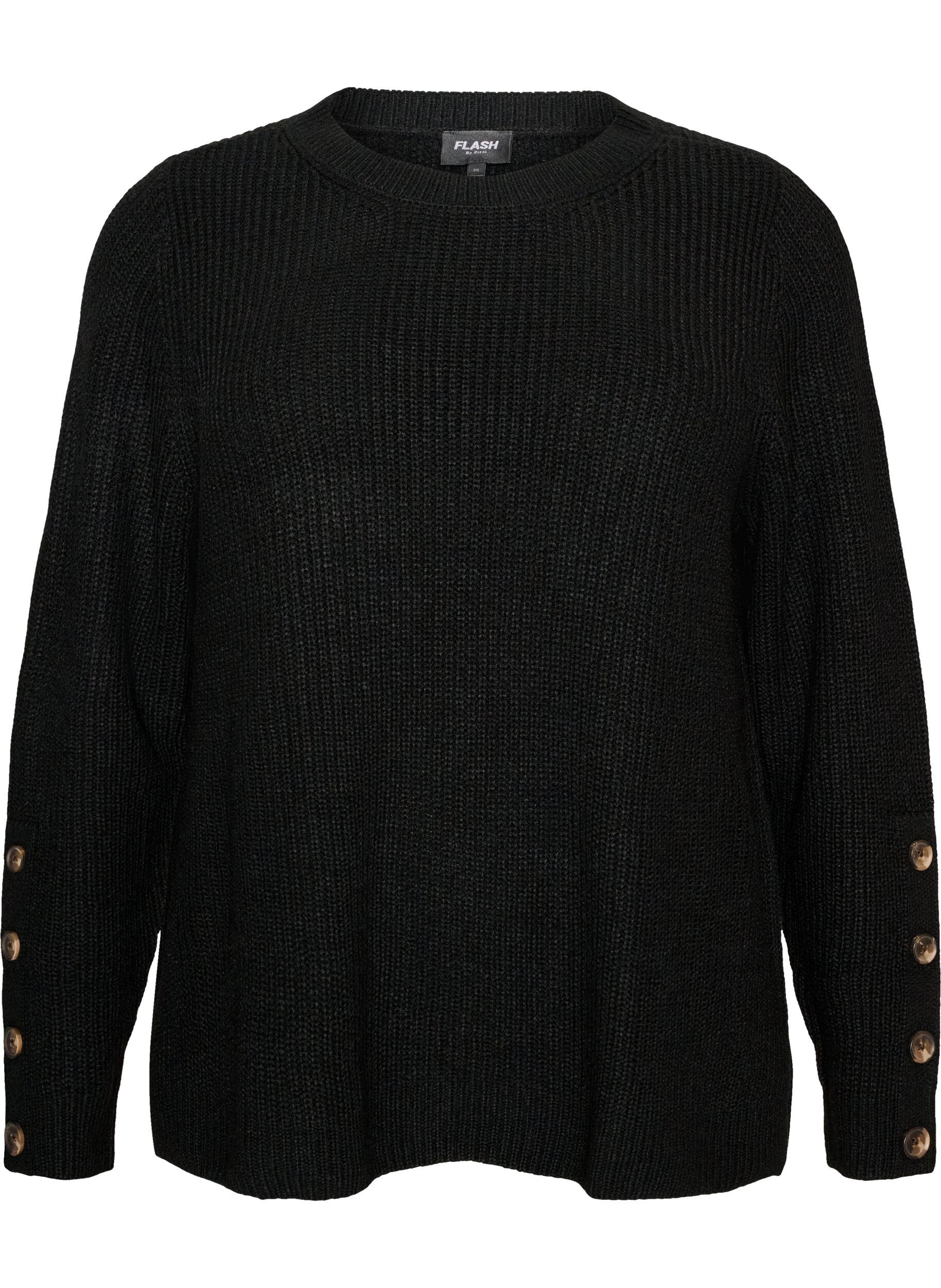ZizziGebreide blouse met ribstructuur en knoopdetails, Zwart, Packshot image number 0