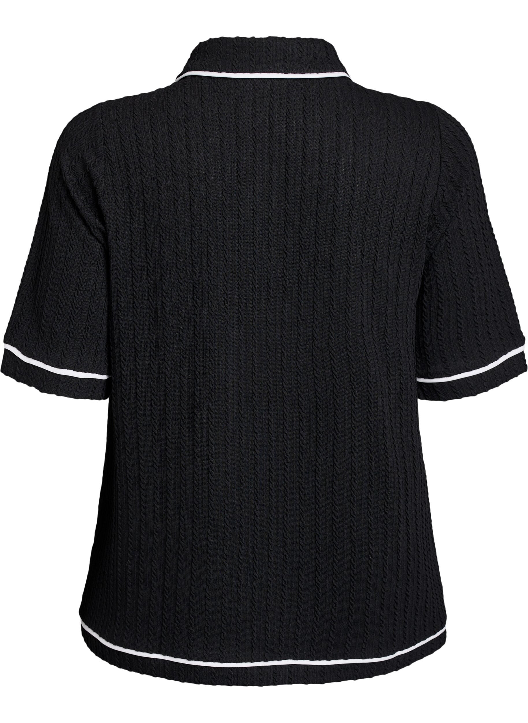 Zizzi Jersey poloshirt met textuur en contrasterende biezen, Zwart, Packshot image number 1