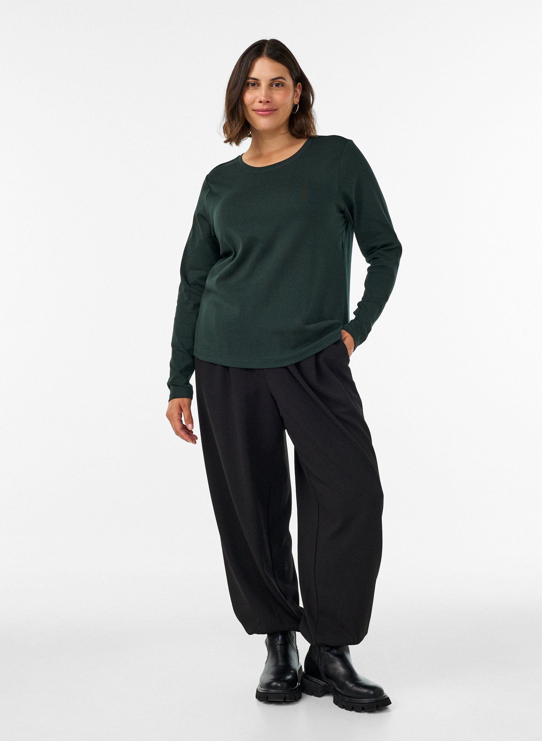 ZizziBasic T-shirt met lange mouwen en ronde hals, Groen, Model image number 1