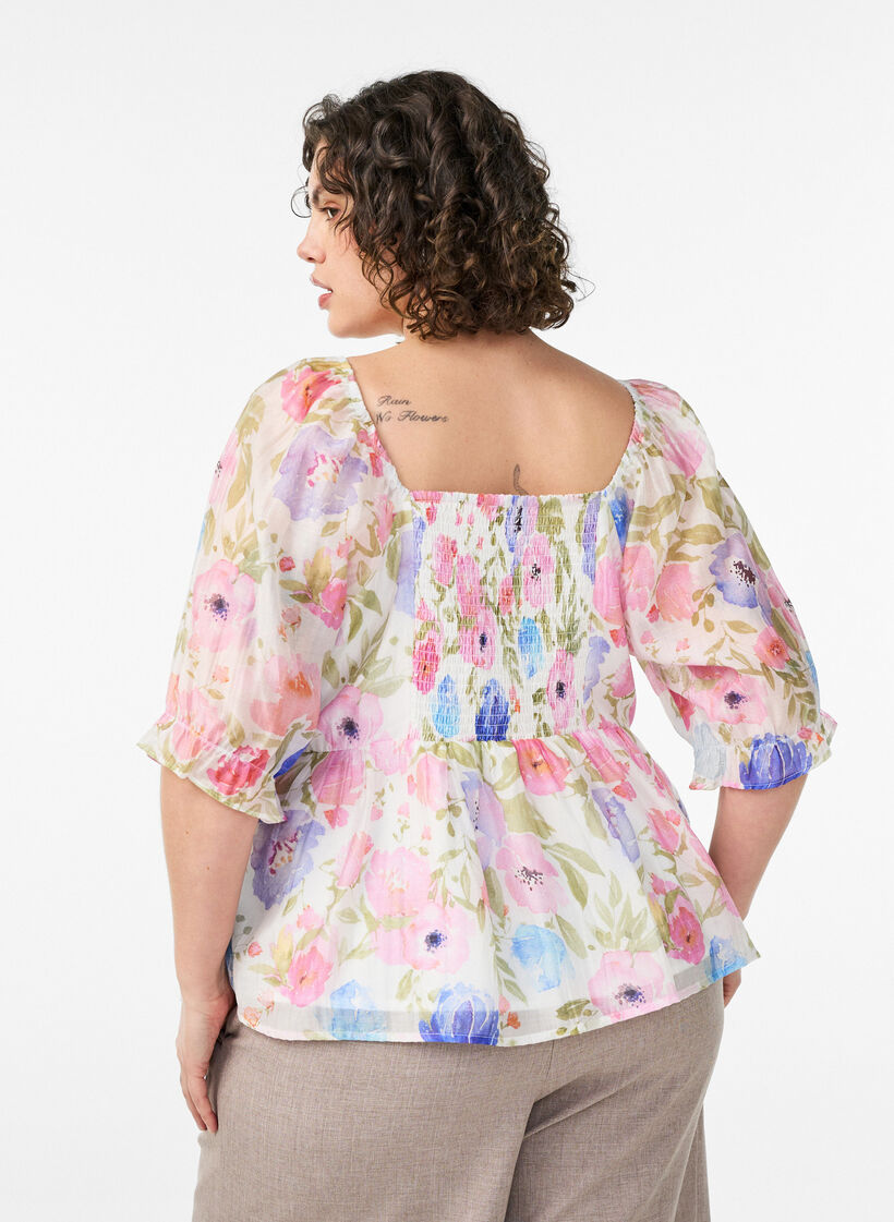 Lyocell blouse met bloemenprint en hartvormige halslijn, Wit, Model image number 2