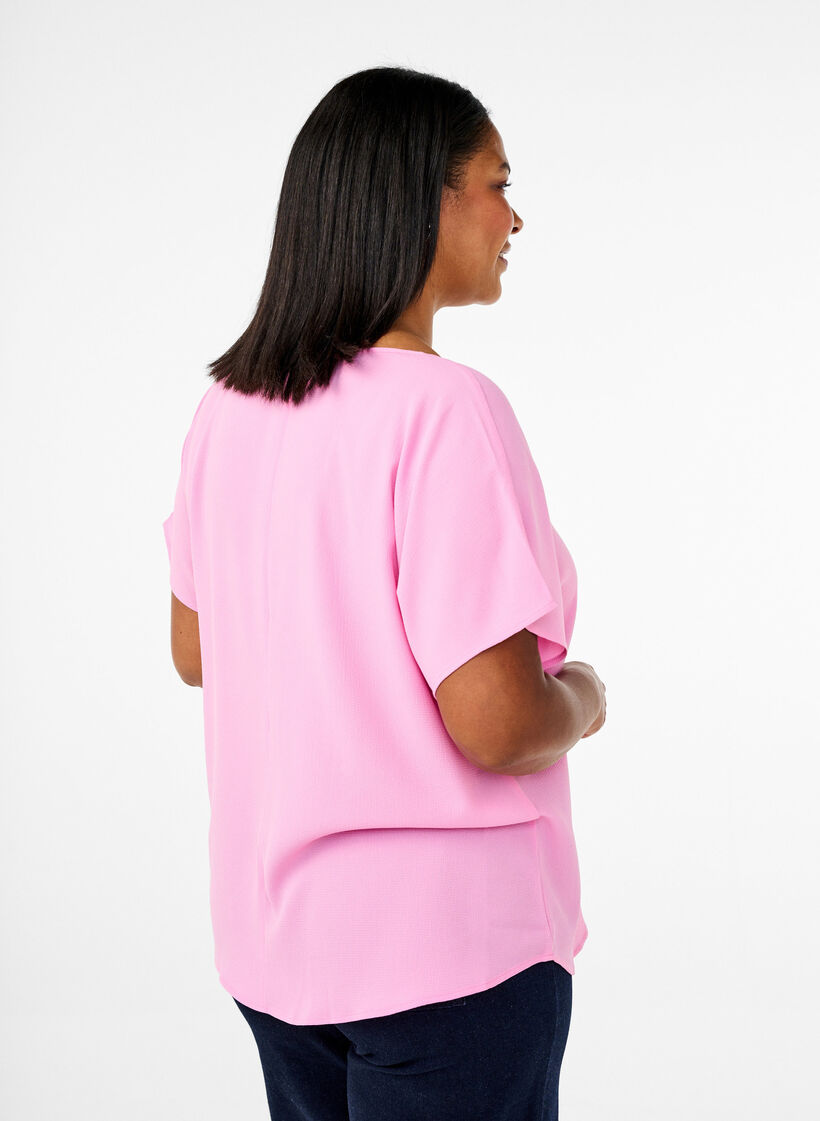 Blouse met korte mouwen en een ronde halslijn, Roze, Model image number 2
