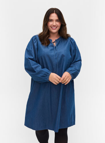 Katoenen denim jurk met strikdetails, Blue denim, Model image number 0
