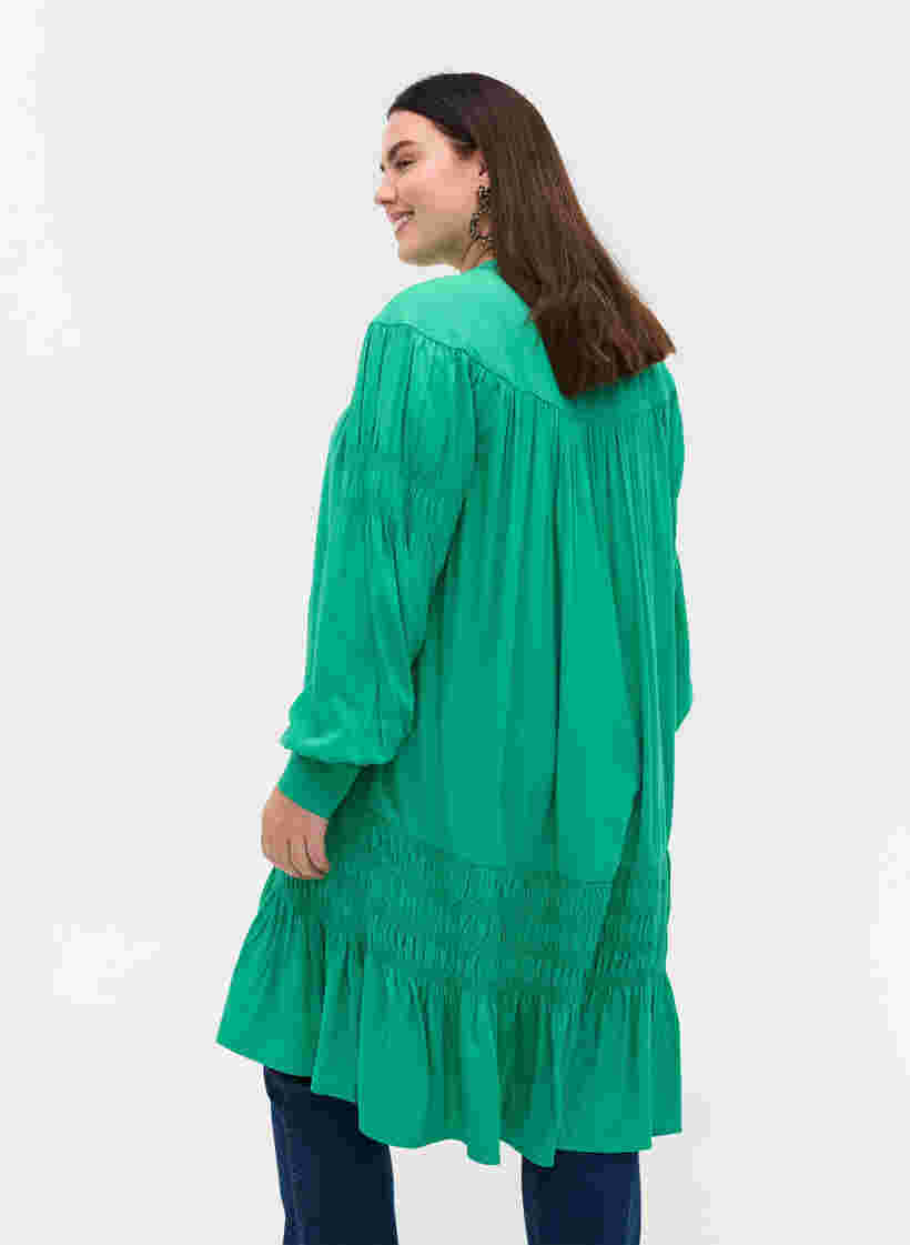 Viscose jurk met lange mouwen en smokdetails, Mint, Model image number 1