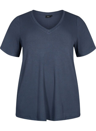 Geribd viscose T-shirt met V-hals, Umbre Blue , Packshot image number 0