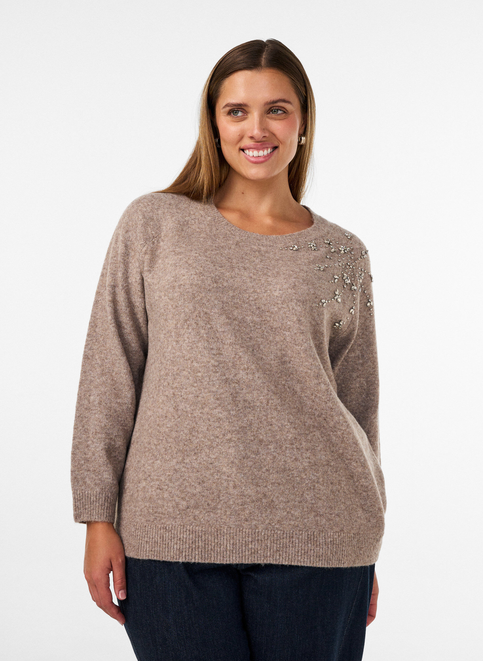 ZizziGebreide blouse met strassteentjes en studs, Beige, Model image number 0