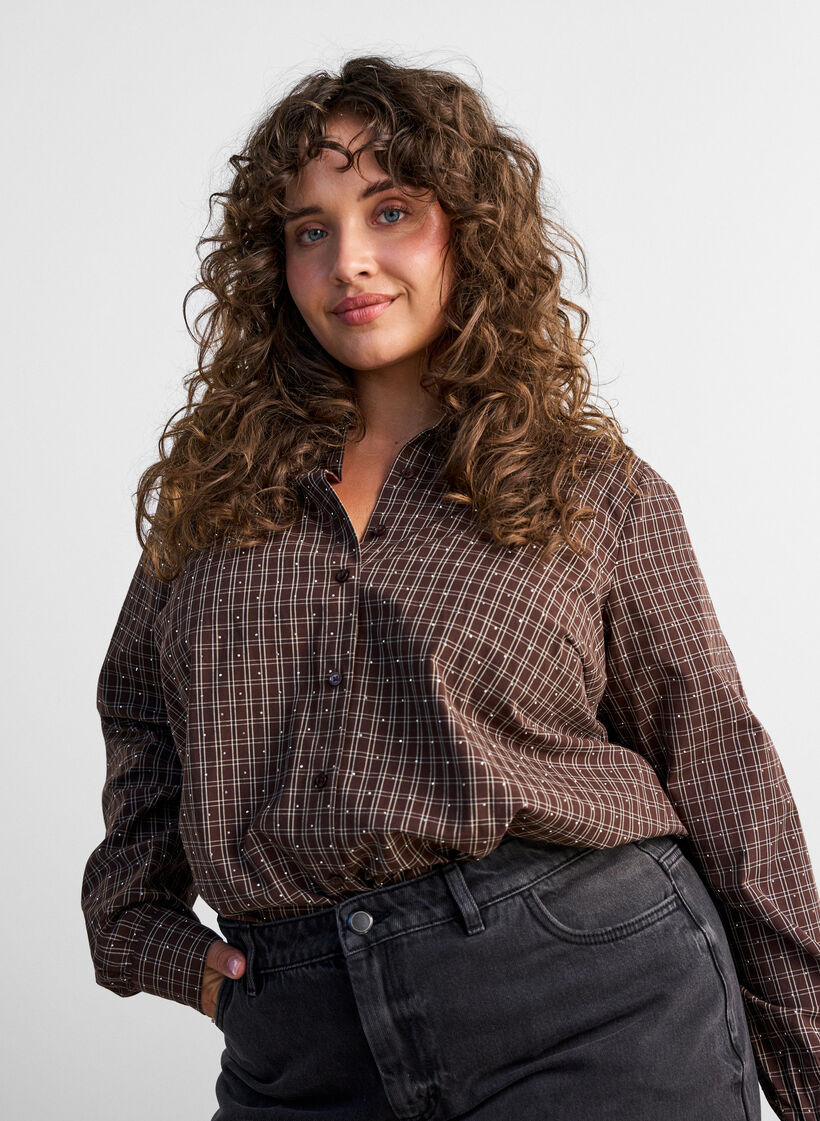 Geruit overhemd met strasssteentjes, Bruin, Model image number 3