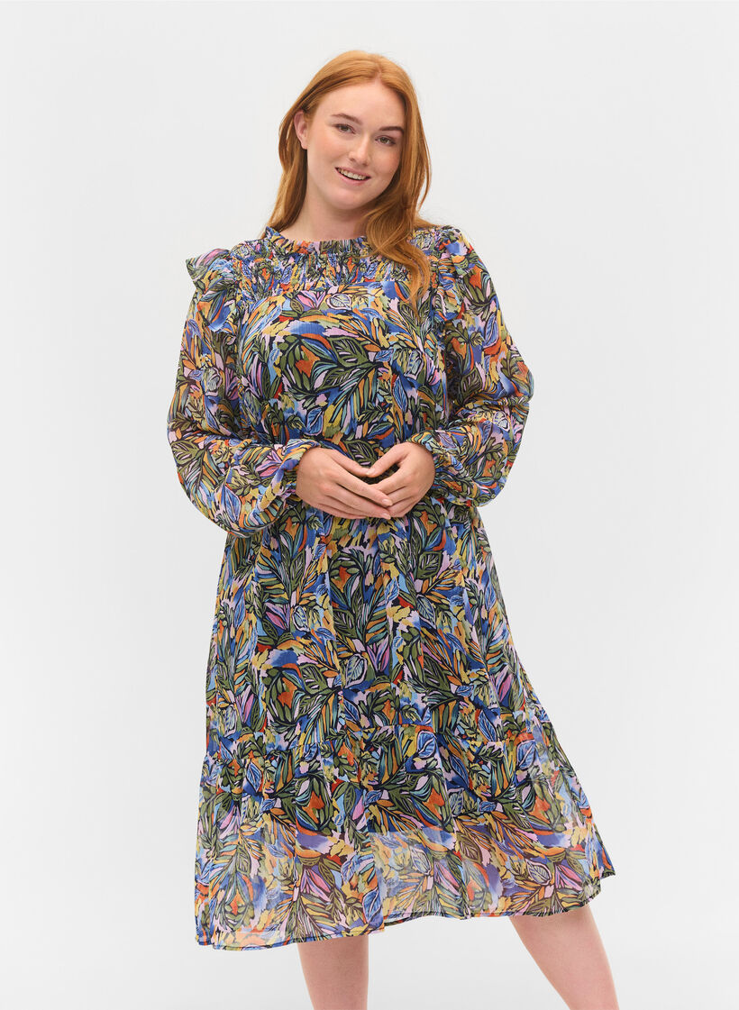 Kleurrijke midi-jurk met smock en lange mouwen, Vibrant Leaf, Model image number 0