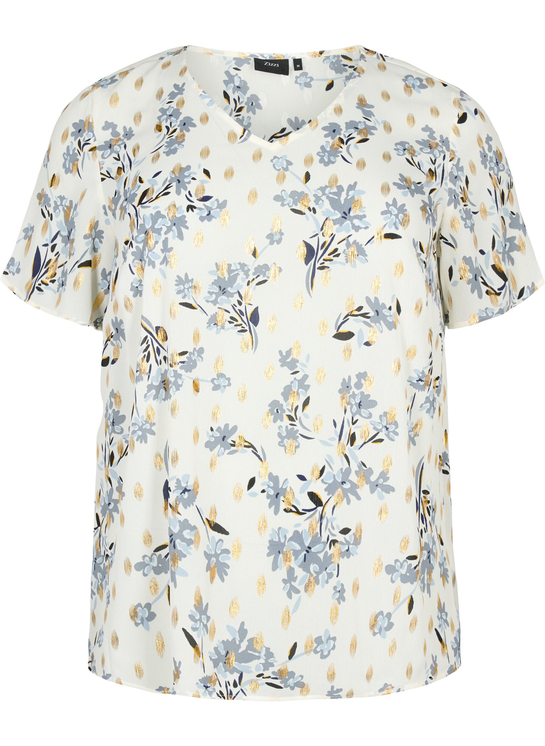 Zizzi Blouse met print en lurex, White Flower/Gold, Packshot image number 0